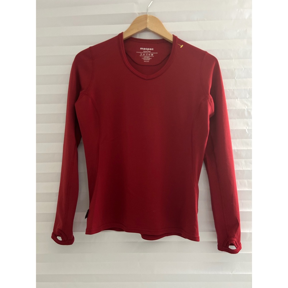 Macpac Womens Large Red Merino Wool Blend Long Sleeve Base Layer Thumbholes